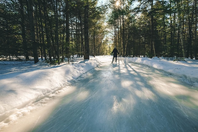 une personne patinant un sentier glacé dans la forêt