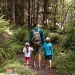 Father, son and daughter walking through a forest in Washington state.