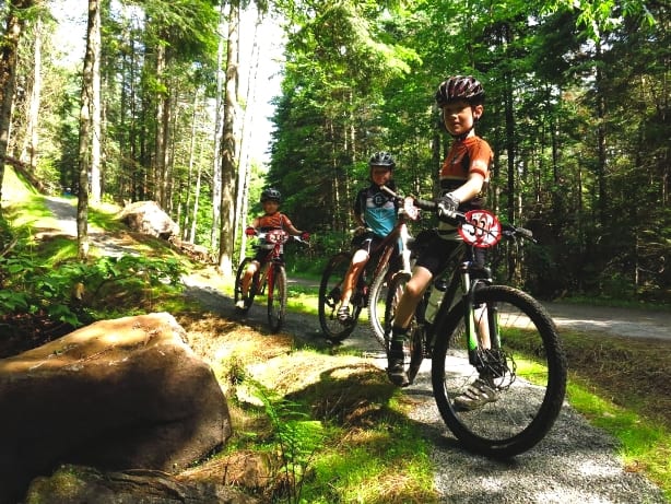 Trois enfants à vélo dans un sentier en forêt